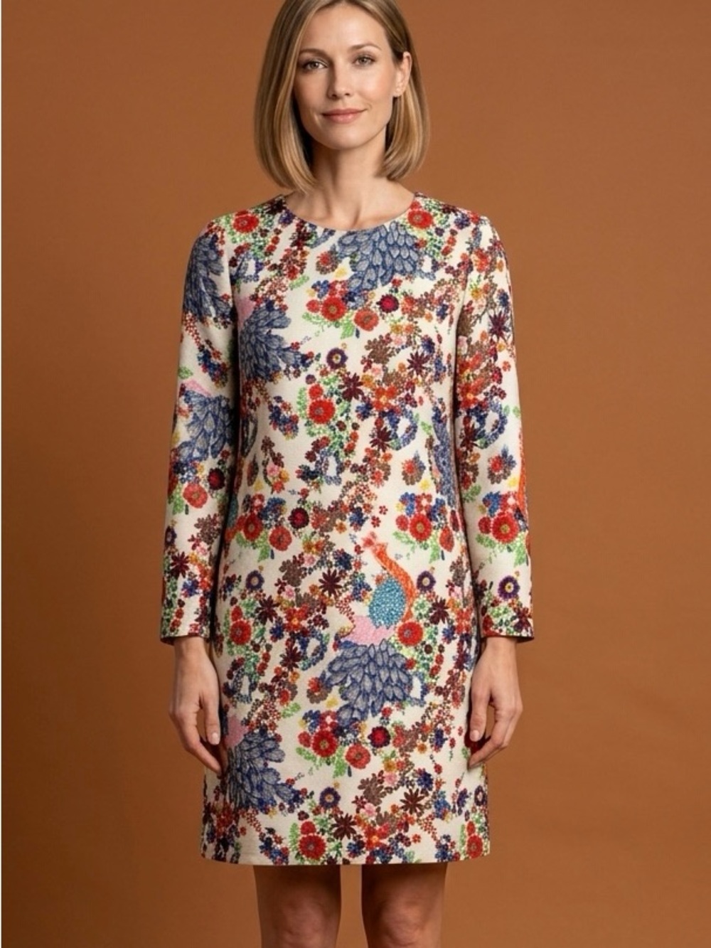 Masfur.Su Vintage Floral Peacock Non Stretch Midi Shift Dress-38EU
